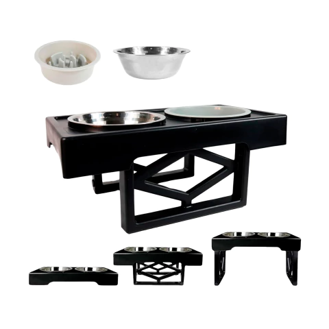 Comedero elevado doble, Regulable. 1 comederos acero inox. 1 come-lento