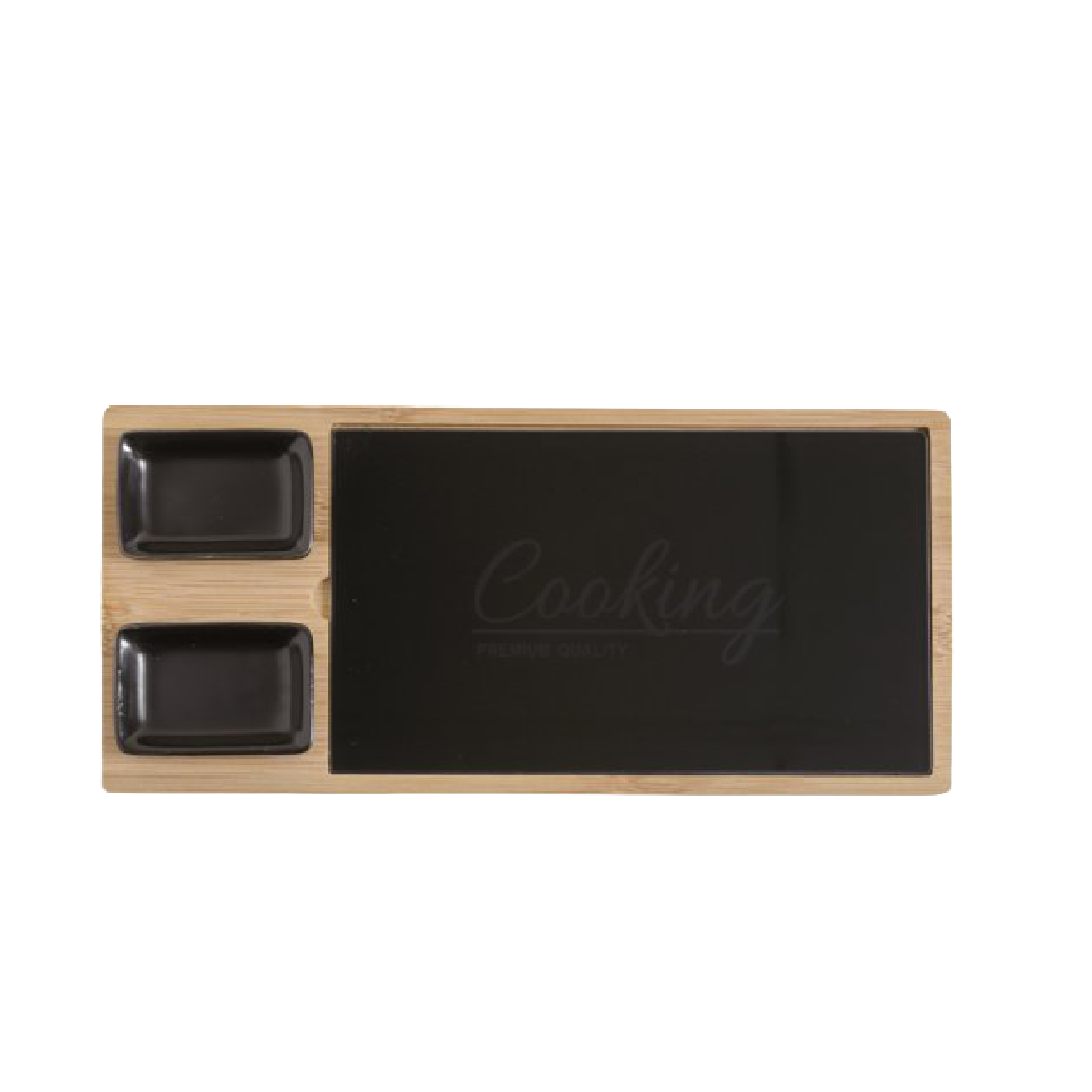 TABLA DE QUESOS BAMBOO Y VIDRIO NEGRO CON DOS RECIPIENTES 34X16 CM